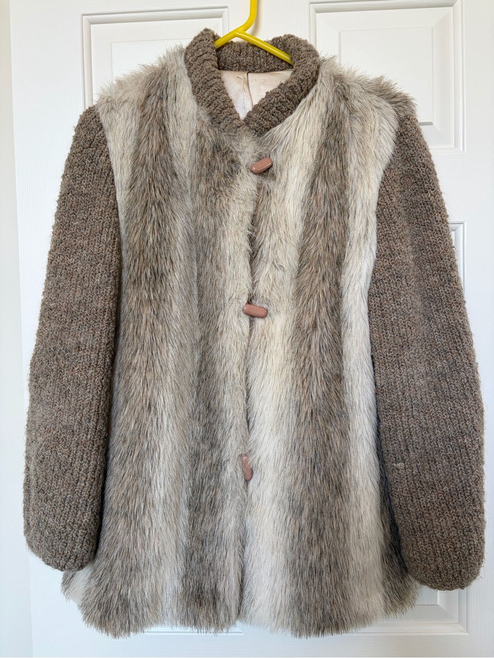 Esprit Taupe Faux-Fur Front Teddy Knit Sleeve Coat